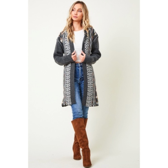 SOLD OUT Gray Native Cowichan Aztec Hooded Cardigan Sweater - Picture 9 of 10
